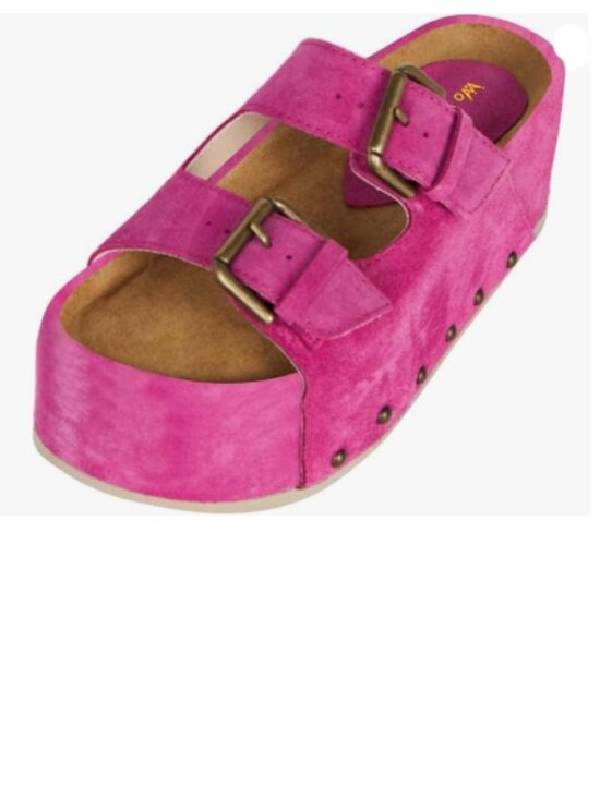 Wo Wagas Shoes - Wo Wagas Hot Pink Buckle Strap Mules Platform Slippers Chunky Mid Heel Sandals